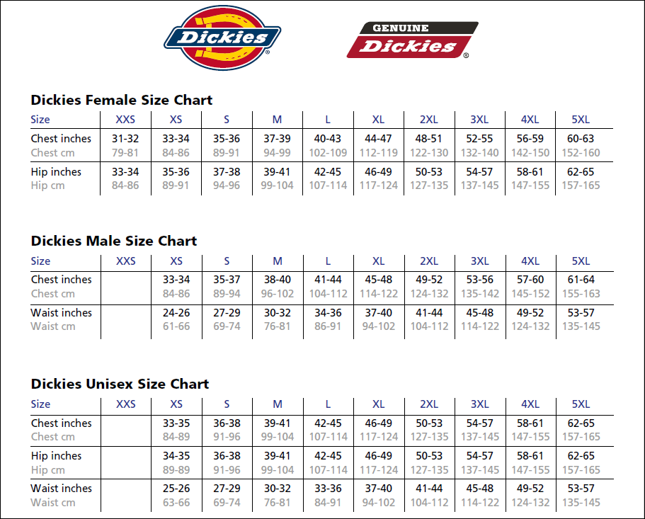 size chart dickies